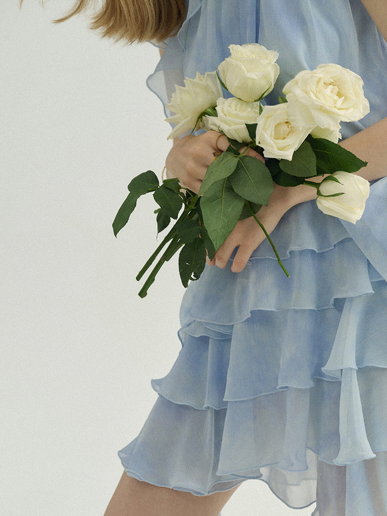 Ethereal Blue Ruffle Rose Halter Top