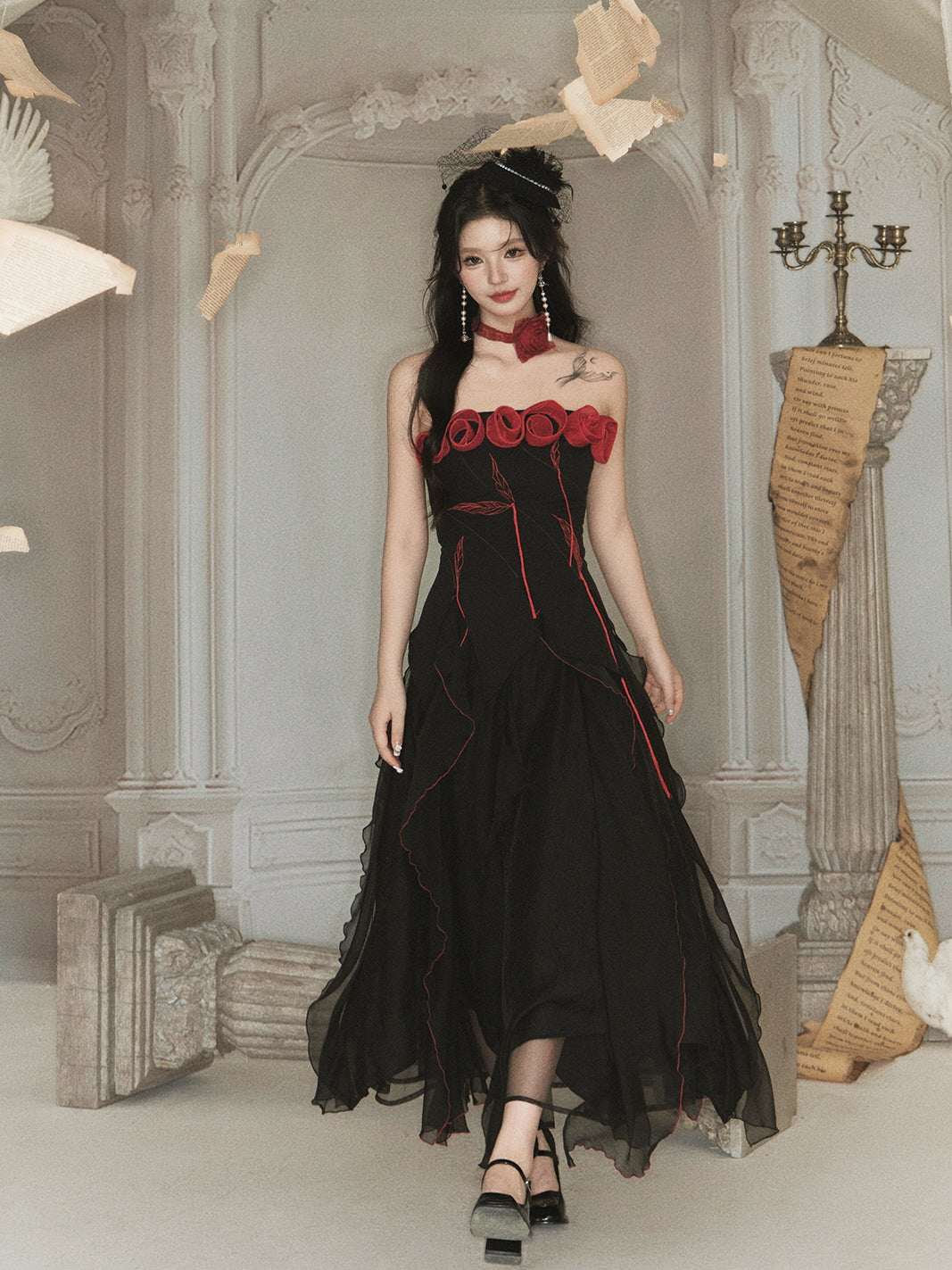 Enchanted Rose Embroidered Corset & Flowing Chiffon Skirt