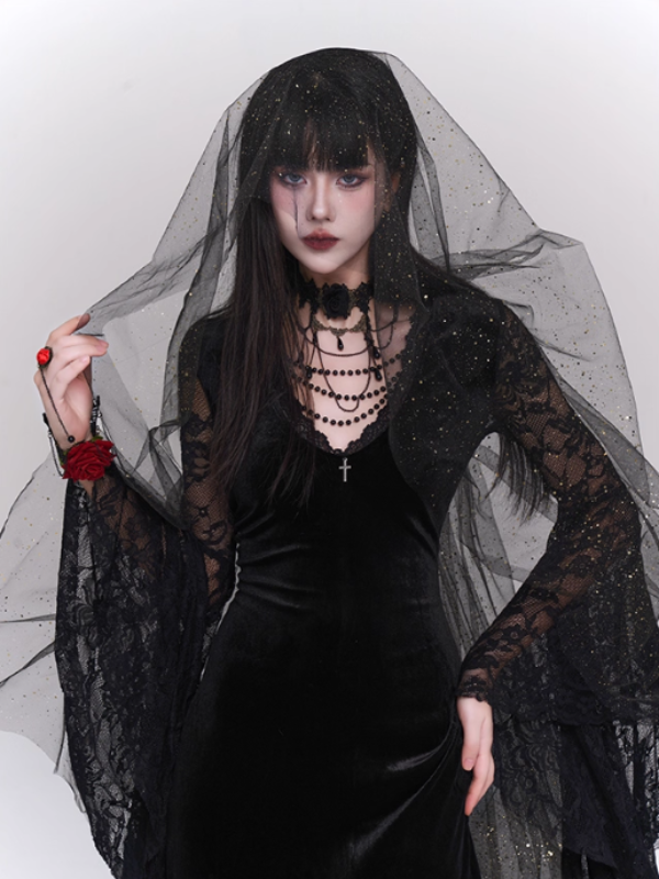 Black Velvet Lace Bell Sleeve Gothic Dress