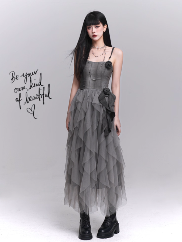 Gray Rose Tiered Tulle Dress