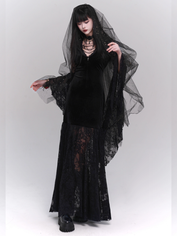 Black Velvet Lace Bell Sleeve Gothic Dress