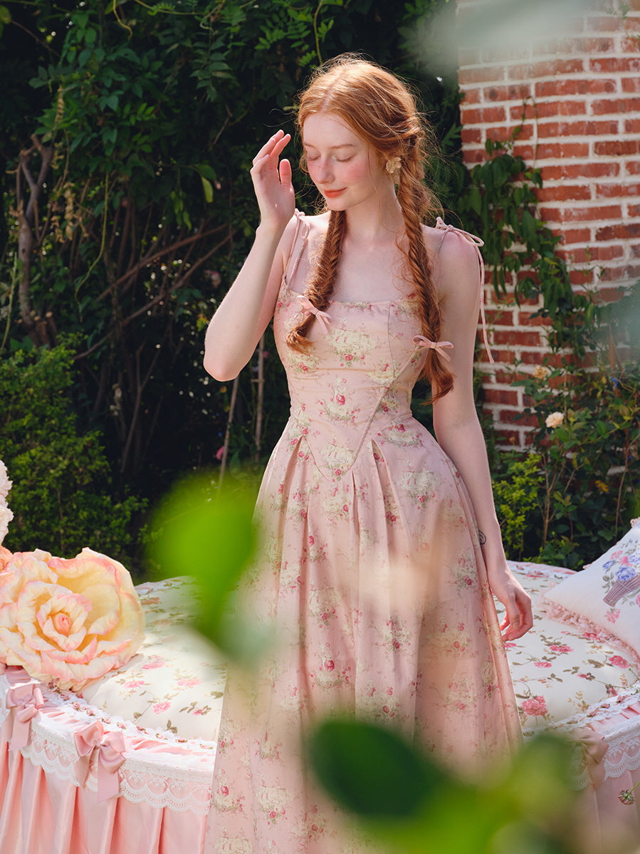 Pastoral Pink Vintage Floral Lace-Up Dress