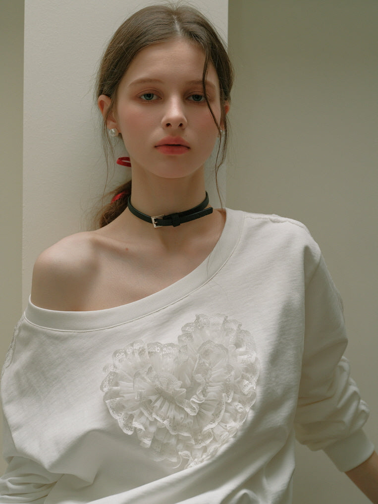 Coquette Lace Heart Off-Shoulder Sweatshirt