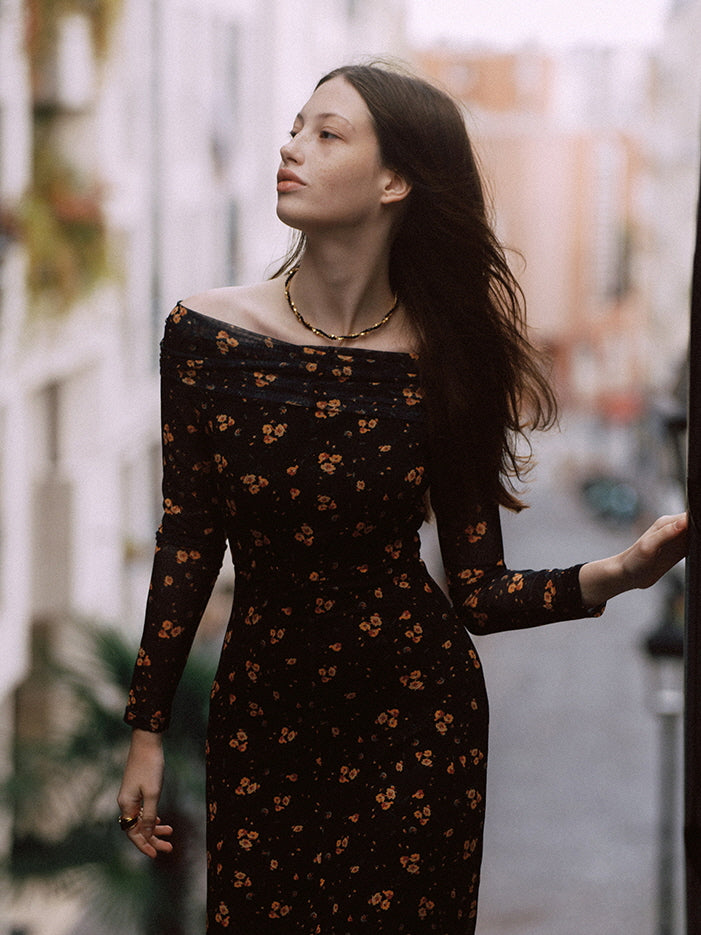 Floral Mesh Dress | Off-Shoulder & Sheer Sleeves