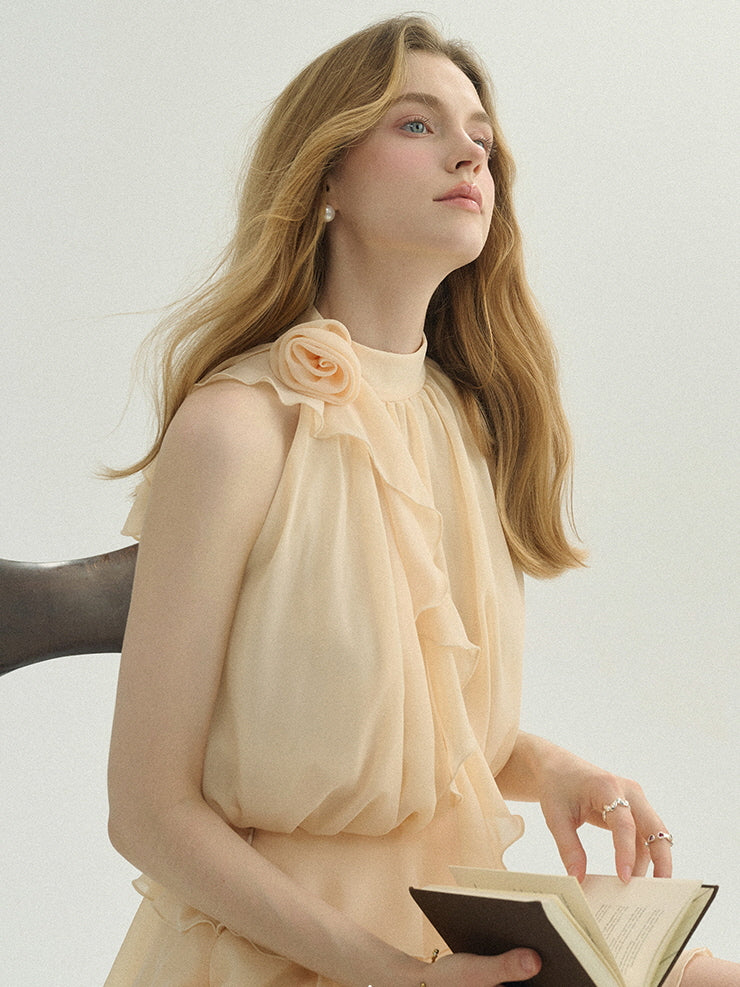 Ethereal Cream Ruffle Rose Halter Top