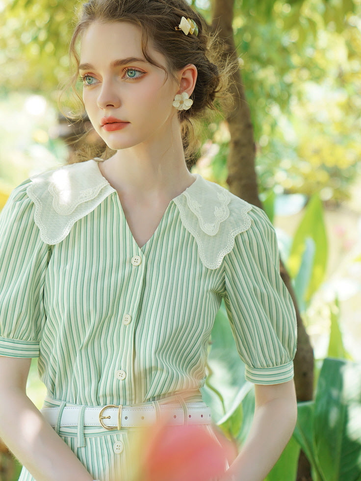 Rose Garden Green Stripe Blouse