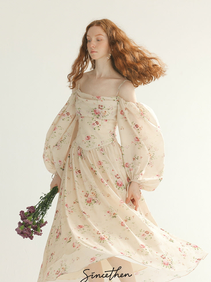 Vintage Rose Garden Off-Shoulder Dress