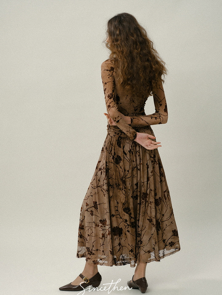 Brown Bloom Vintage Mesh Dress