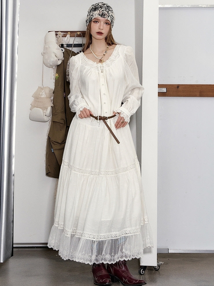 Ethereal Lace Trim Tiered Long Dress