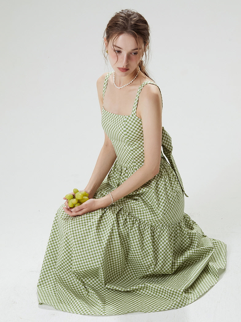 Cottagecore Gingham Bow-Tie Maxi Dress