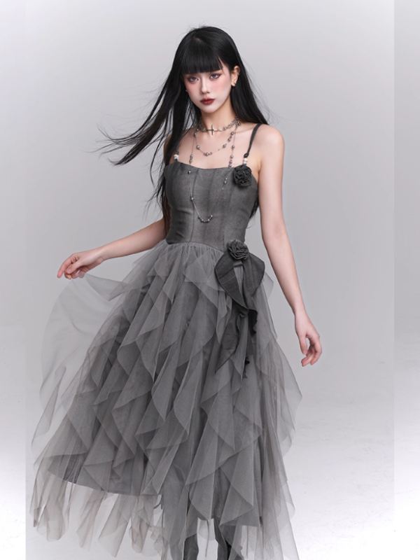 Gray Rose Tiered Tulle Dress