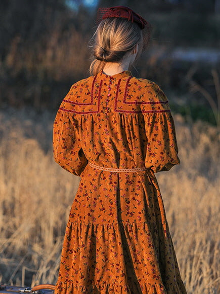 Vintage Golden Floral Corduroy Dress
