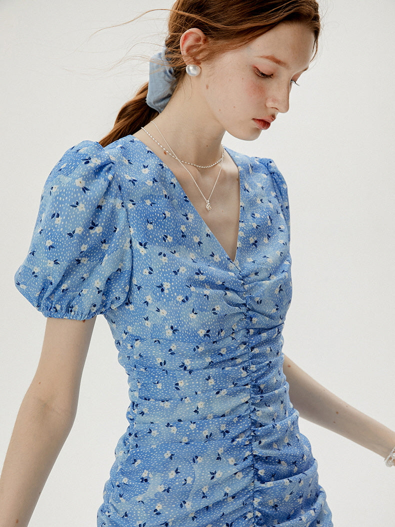 Blue Blossom Ruched Dress