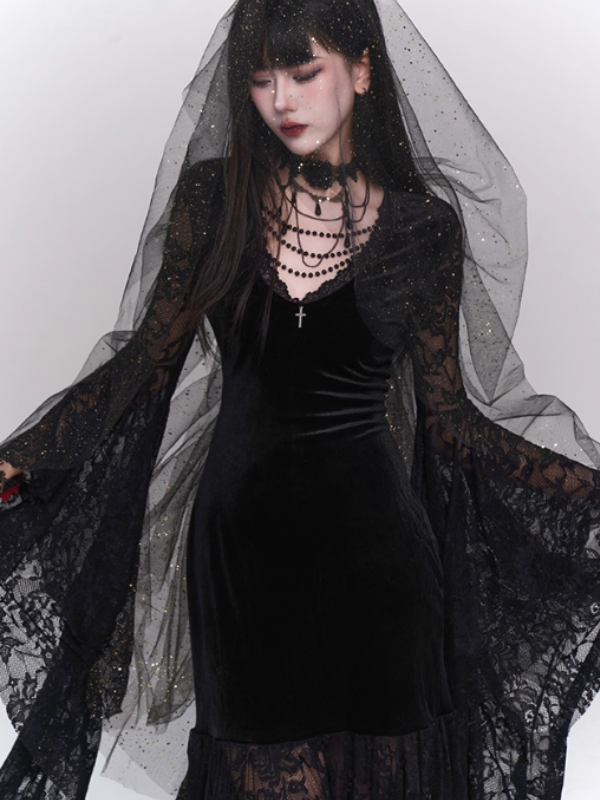 Black Velvet Lace Bell Sleeve Gothic Dress