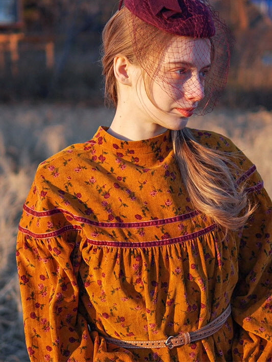 Vintage Golden Floral Corduroy Dress