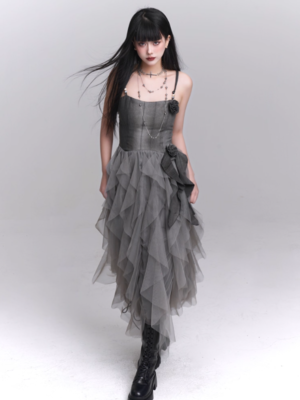 Gray Rose Tiered Tulle Dress