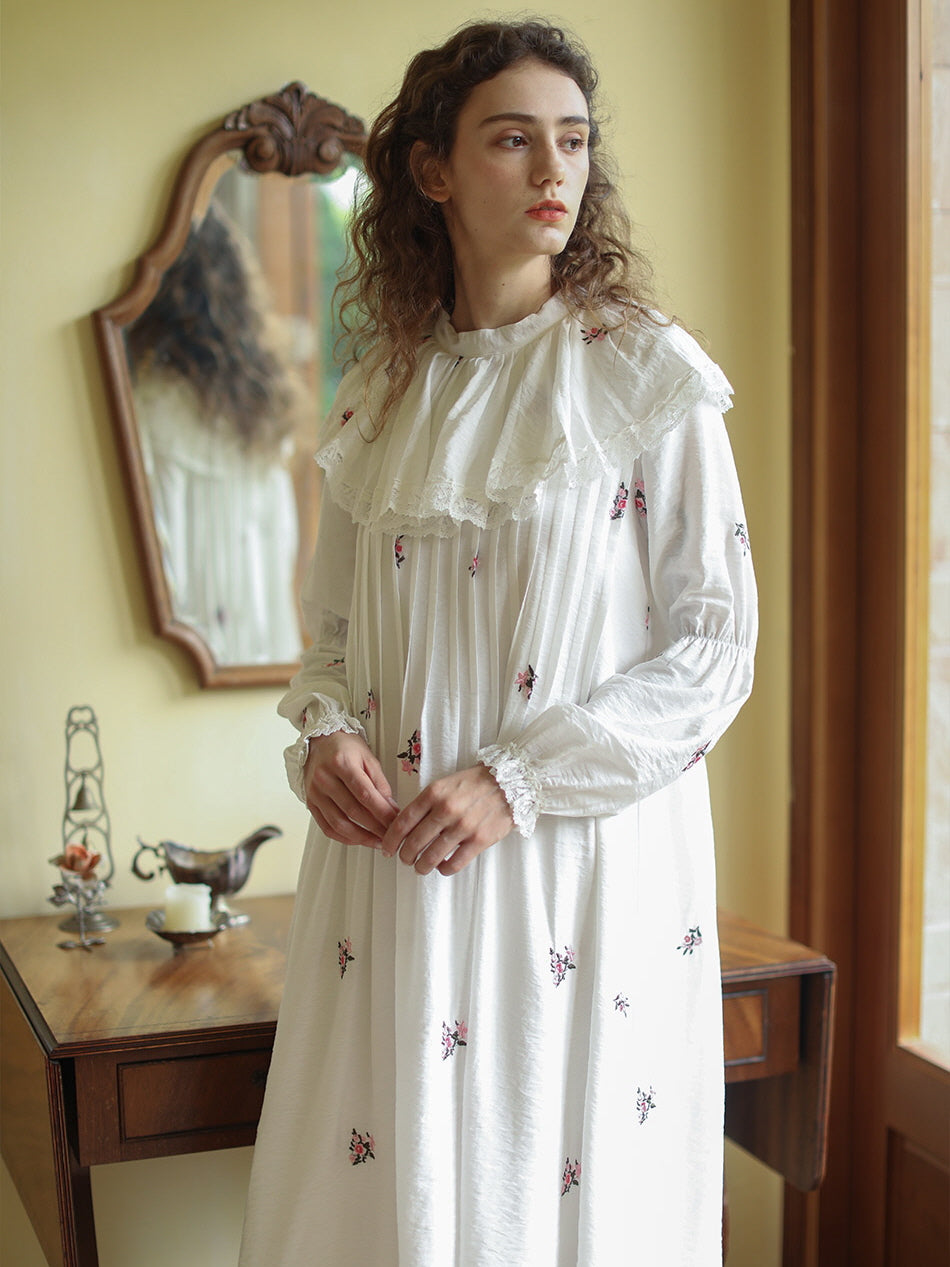 Floral Embroidery Vintage Ruffled Cotton Dress