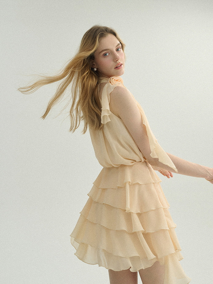 Ethereal Cream Ruffle Rose Halter Top