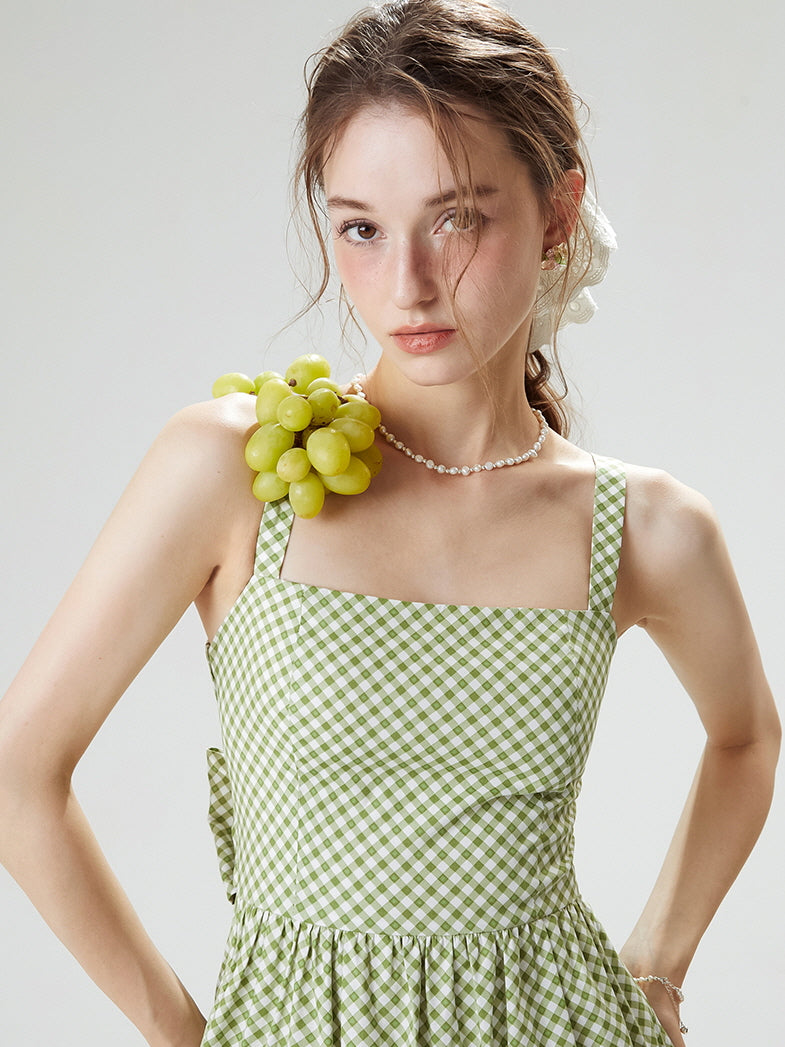 Cottagecore Gingham Bow-Tie Maxi Dress