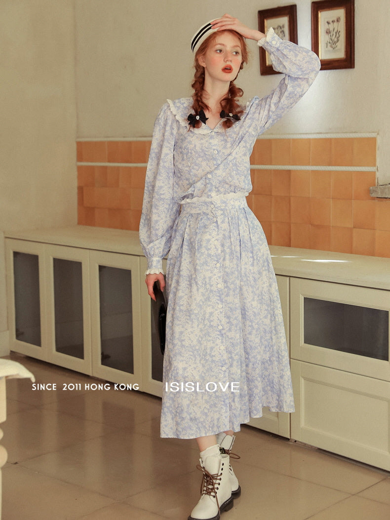 Vintage Blue Floral Lace Trim Blouse