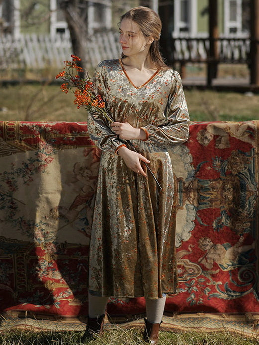 Elegant Autumn Vintage Velvet Floral Dress