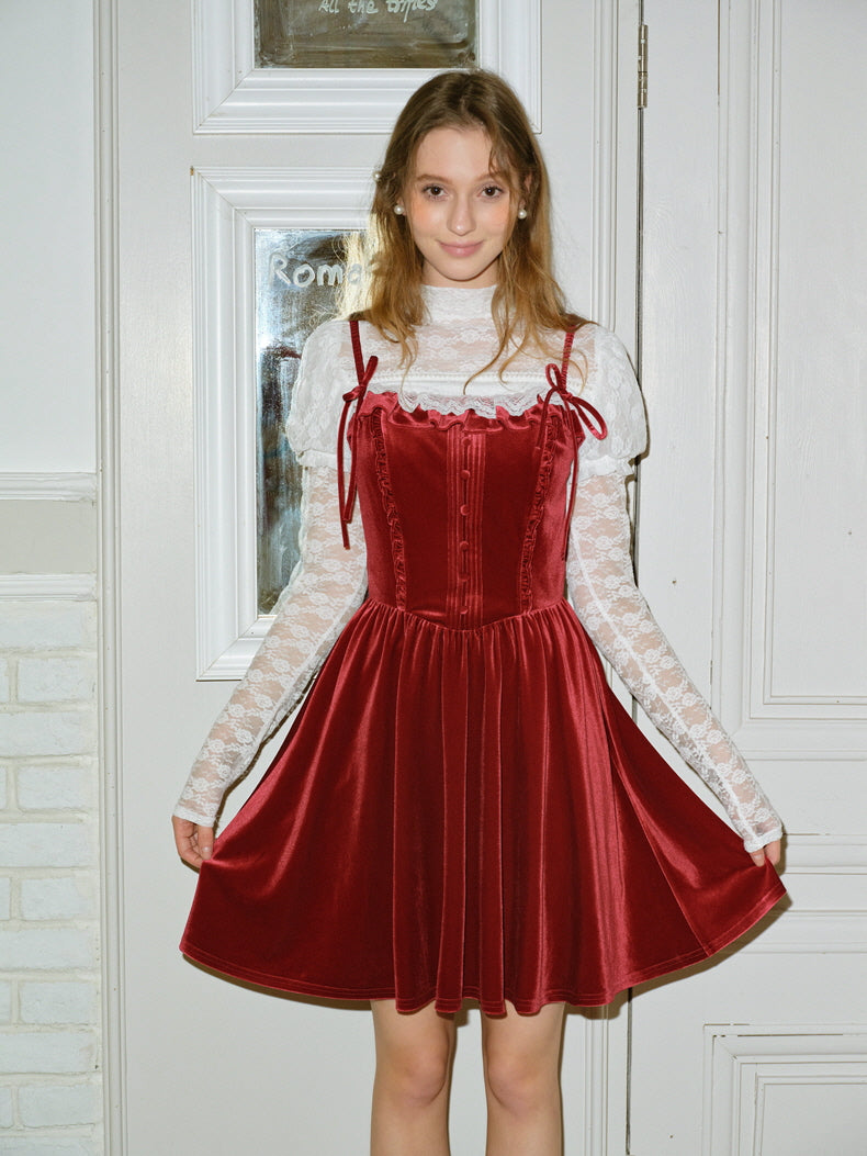 Red Velvet Ribbon Corset Dress -Coquette Winter Aesthetic Outfit Red / S Red Velvet Ribbon Corset Dress -Coquette Winter Aesthetic Outfit Red / S
