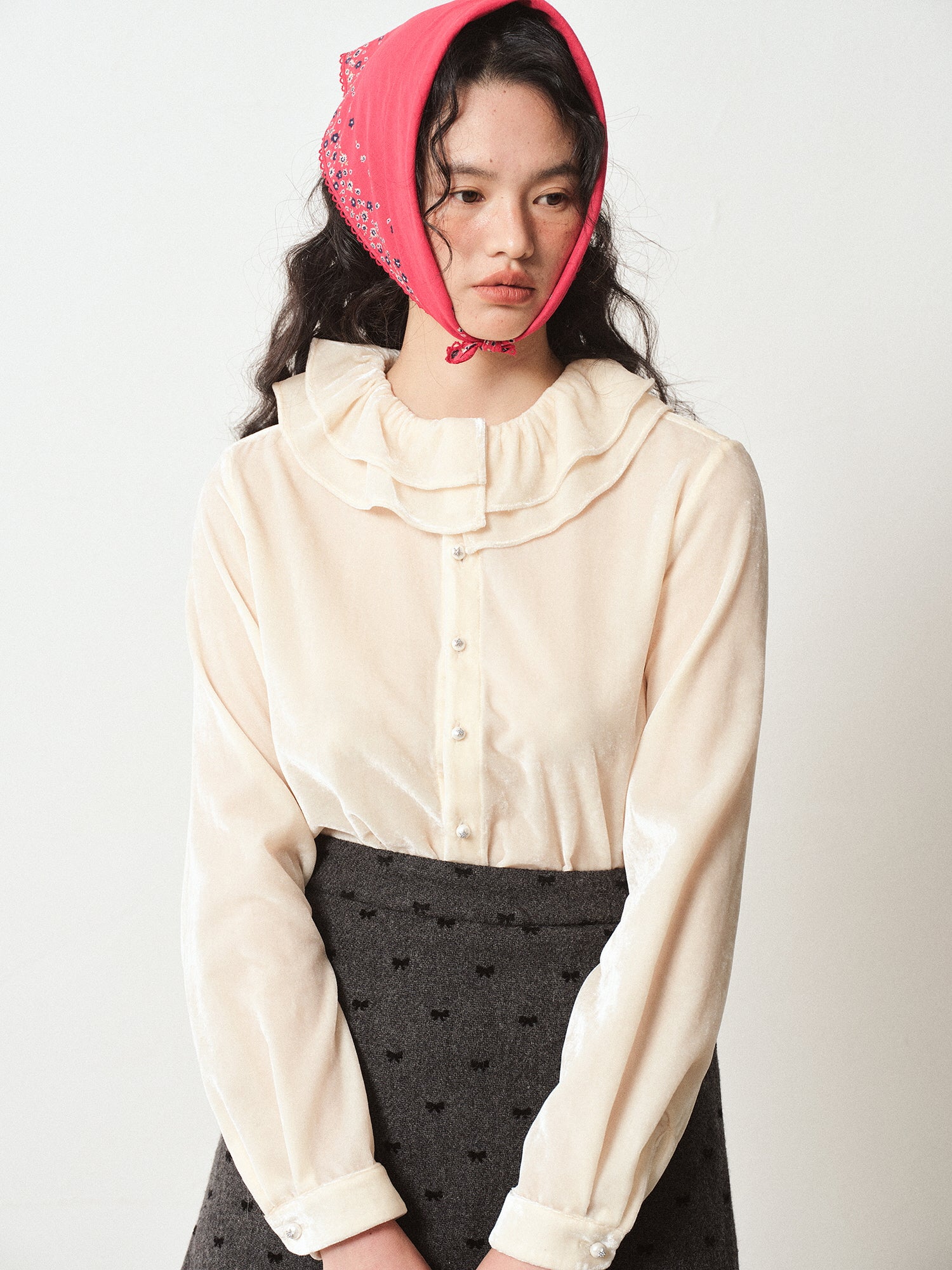 Vintage Velvet Blouse with Frilled Floral Collar