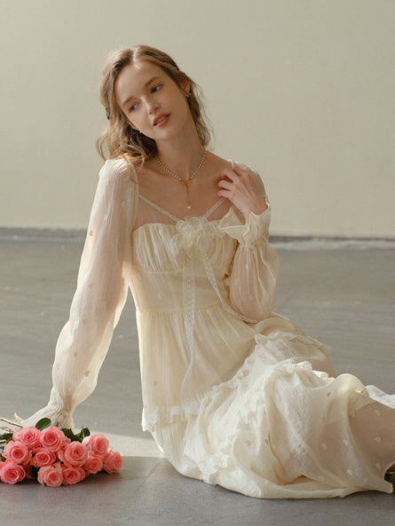 white lace tiered dress Cream Long – Soft Fairytale Chiffon Summer Outfit Cream / S Size:58