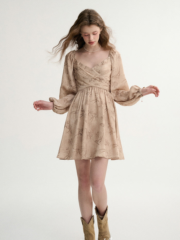 Vintage Botanical Puff-Sleeve Dress