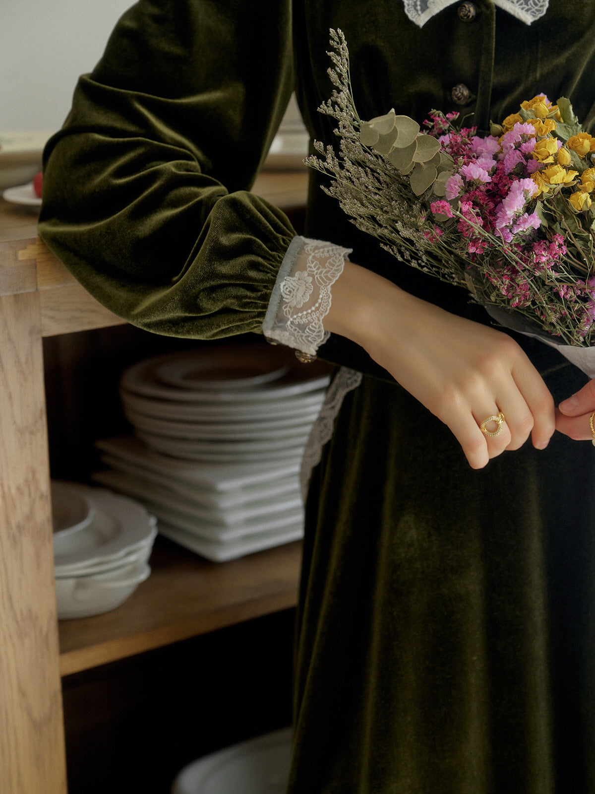 Velvet Elegance Green Lace-Trim Blouse