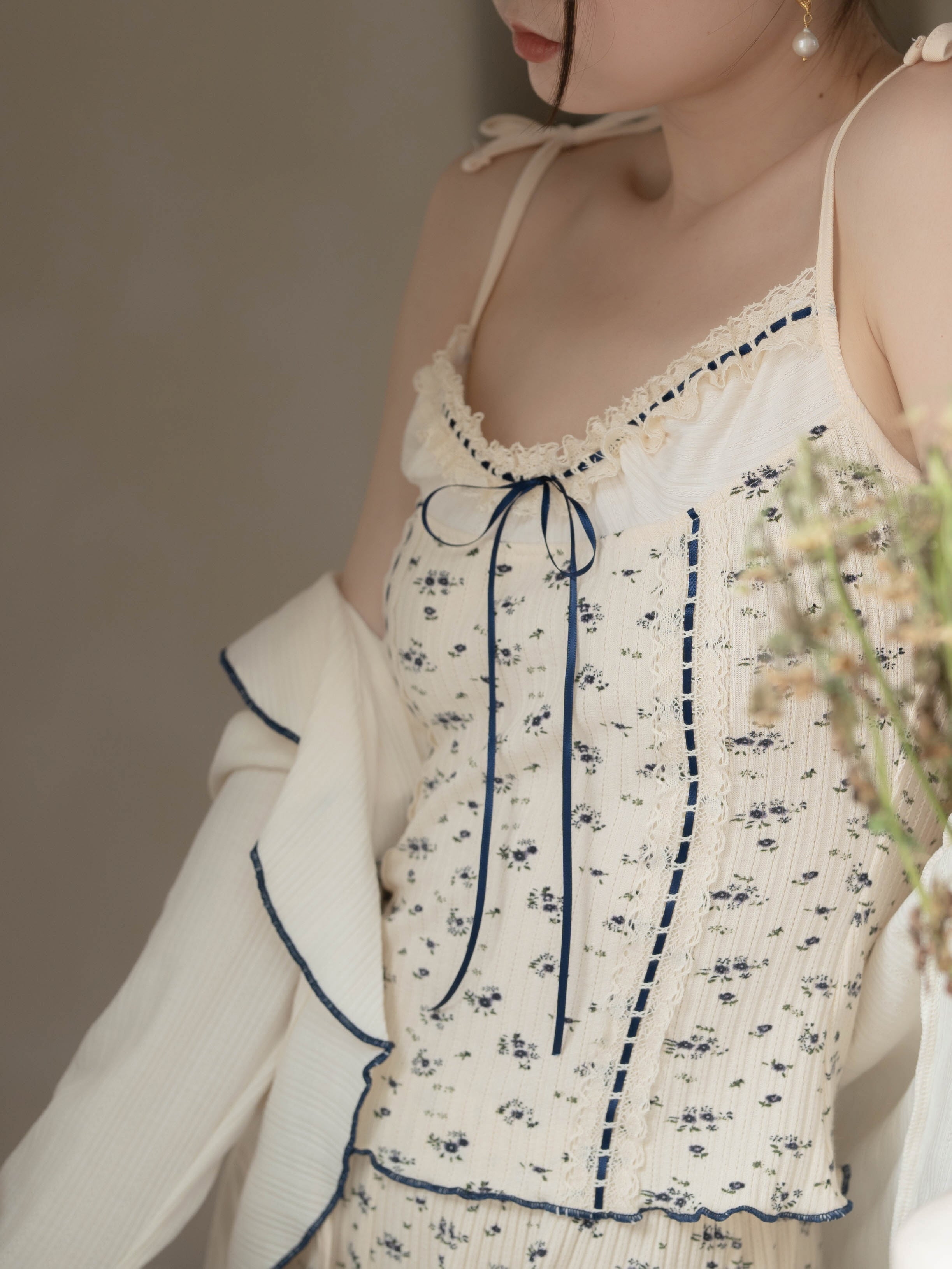 Navy Ribbon Floral Loungewear Set