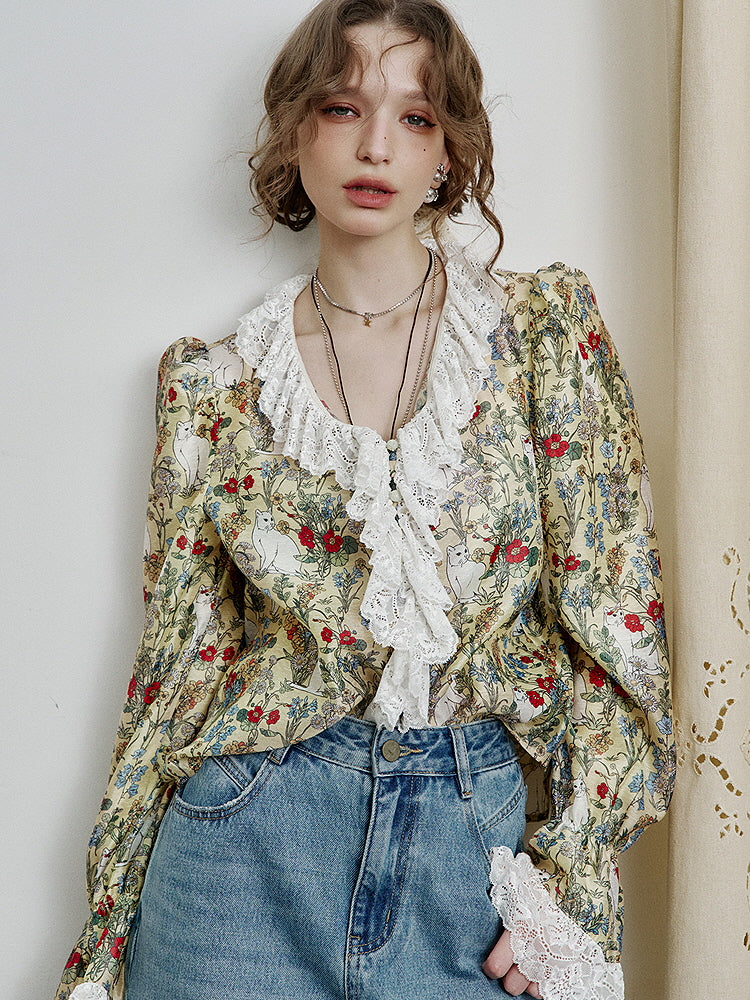 Enchanted Garden Cat Lace Blouse