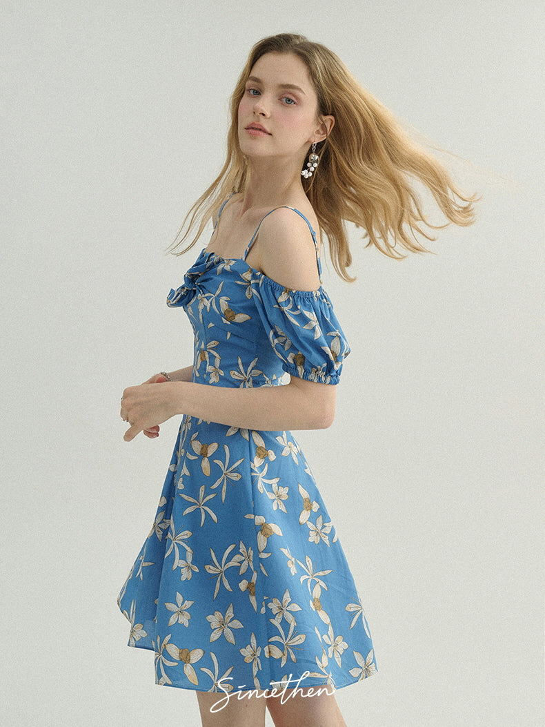 Blue Floral Off-Shoulder Summer Dress