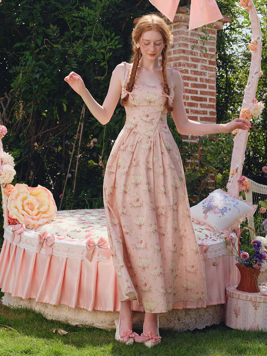Pastoral Pink Vintage Floral Lace-Up Dress