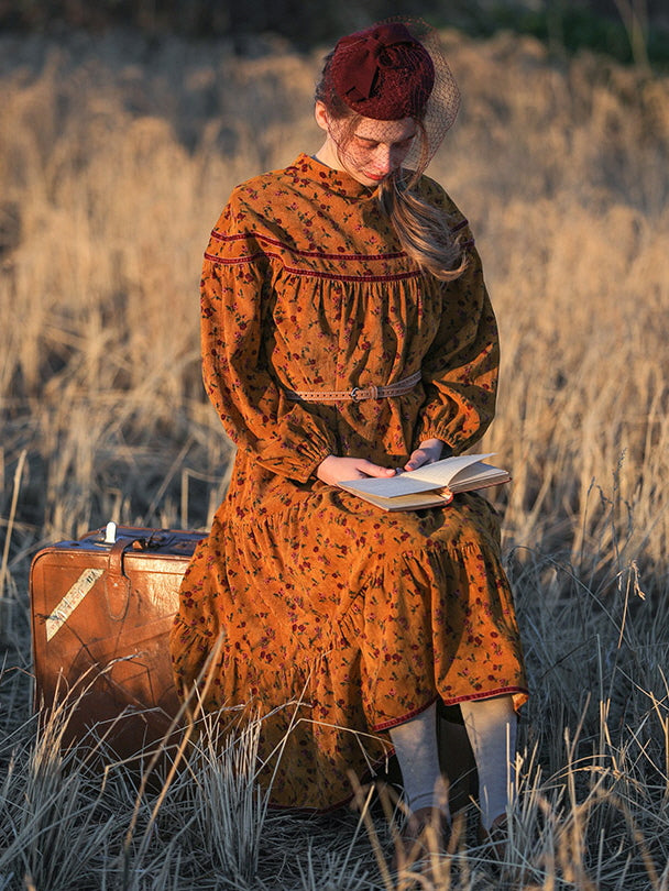 Vintage Golden Floral Corduroy Dress
