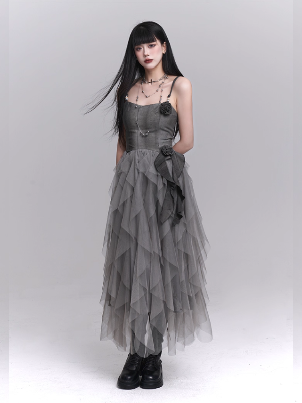 Gray Rose Tiered Tulle Dress