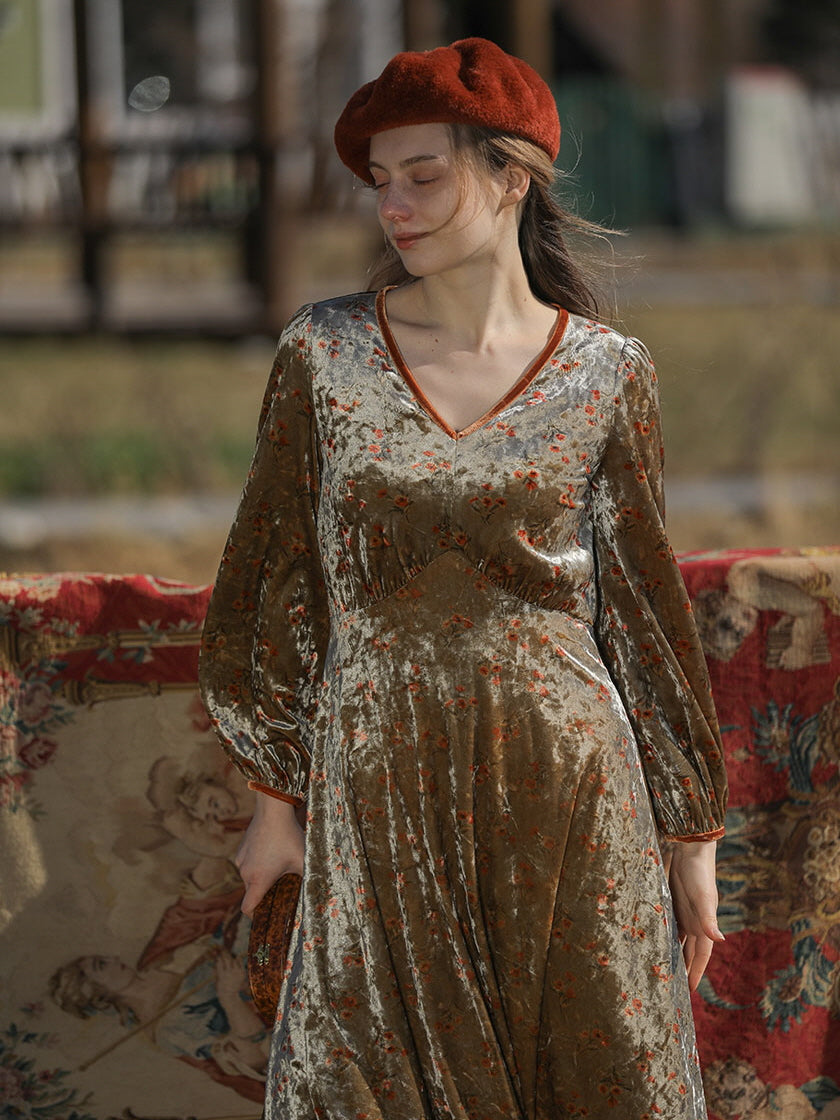 Elegant Autumn Vintage Velvet Floral Dress