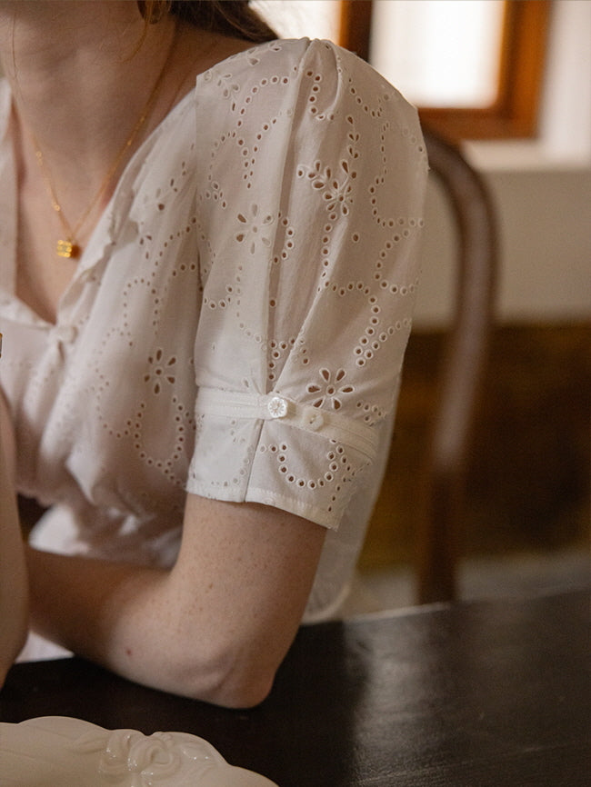 Close-up of a puff sleeve with floral eyelet lace detailing and a delicate button accent on a white cotton dress. Cottagecore aesthetic.