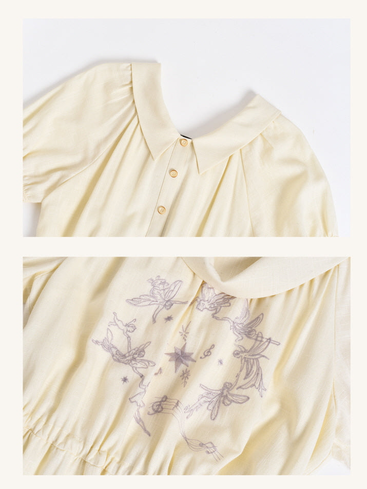 Soft cream vintage-inspired dress with a pointed collar, featuring delicate fairy embroidery around the bodice.