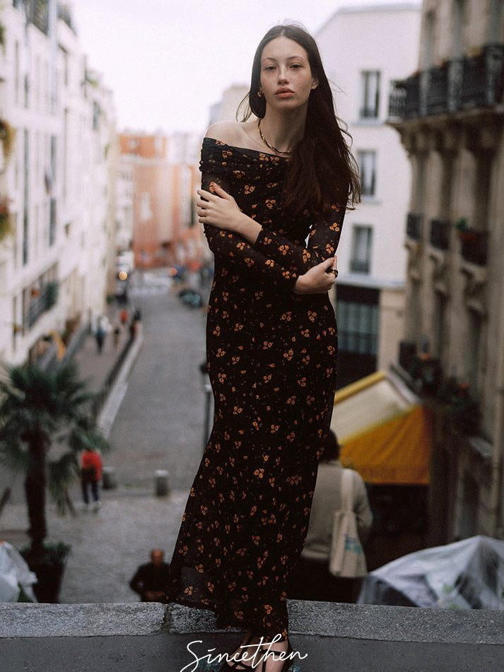 Midnight Blossom Off-Shoulder Mesh Dress