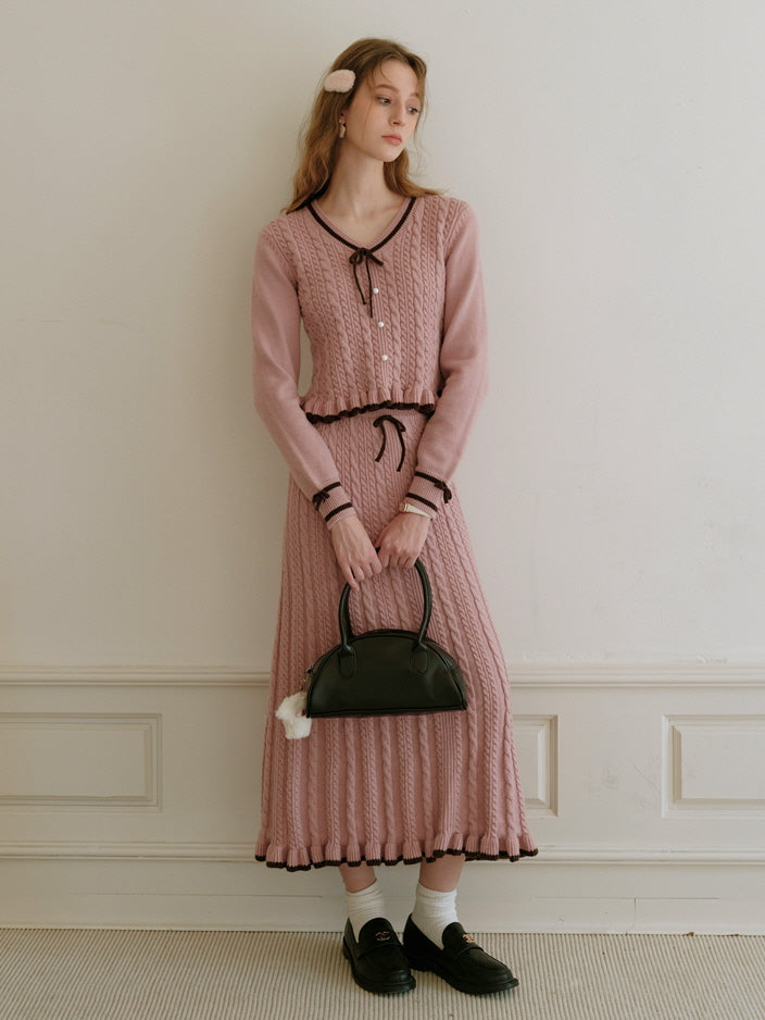 Ribbon Trim Pink Cable Knit Skirt