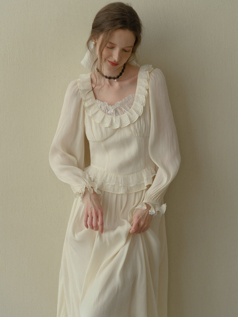 Cream Ruffle Lace Long Dress Soft Fairytale Casual Aesthetic Outfit Ivory / M Cream Ruffle Lace Long Dress Soft Fairytale Casual Aesthetic Outfit Ivory / M