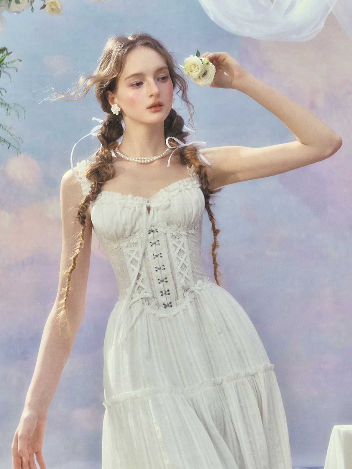 White Cotton Corset Dress with Lace & Ruffles Summer Princess Aesthetic White Cotton Corset Dress with Lace & Ruffles Summer Princess Aesthetic