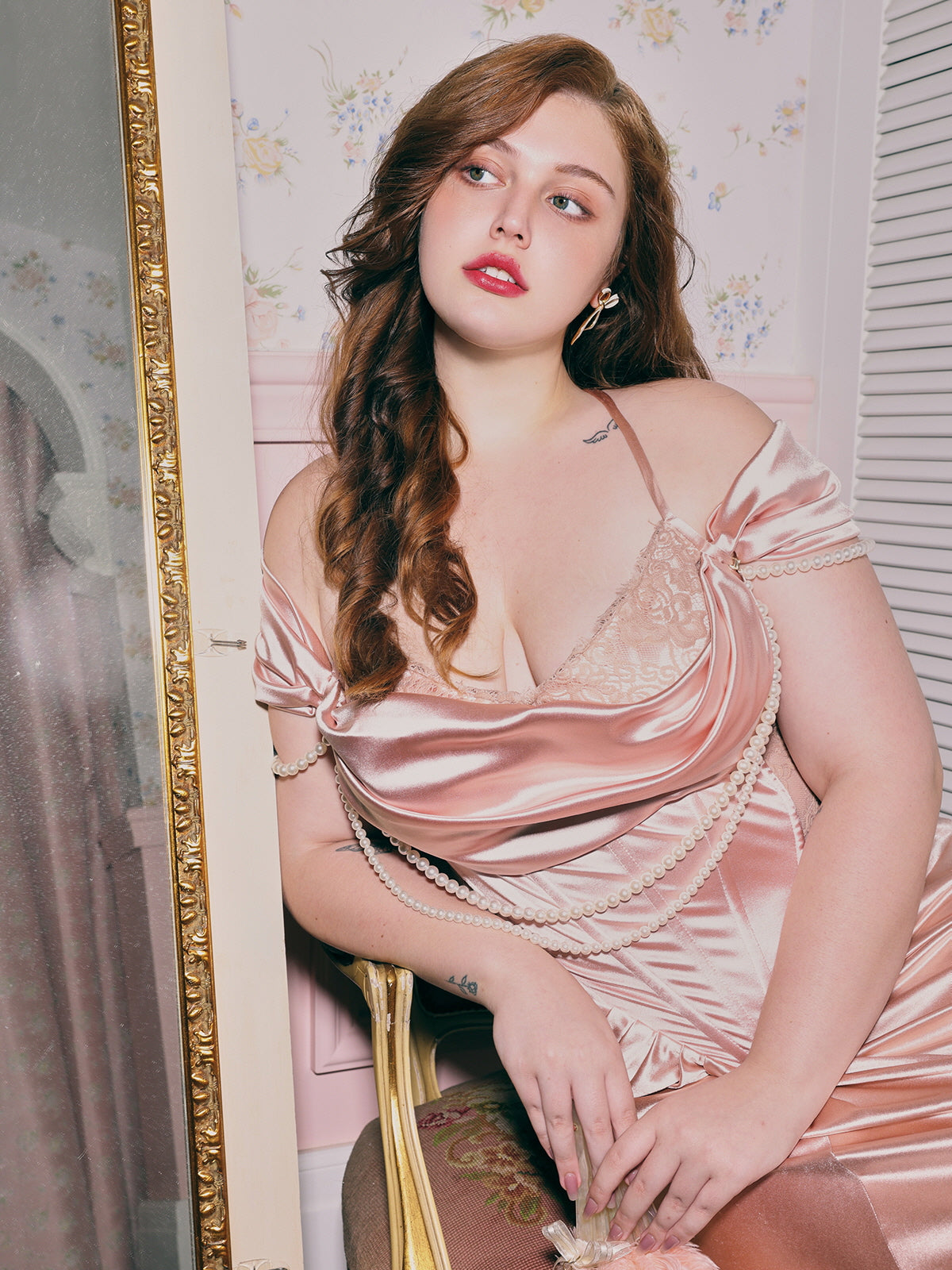 Opulent Pearl Drape Satin Corset Gown