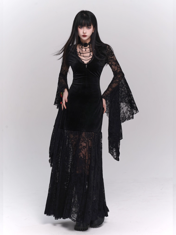 Black Velvet Lace Bell Sleeve Gothic Dress