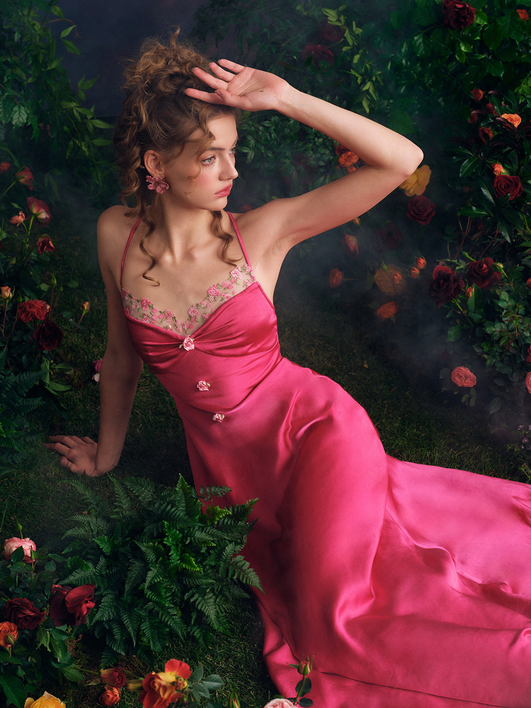 Embroidered Rose Satin Slip Dress