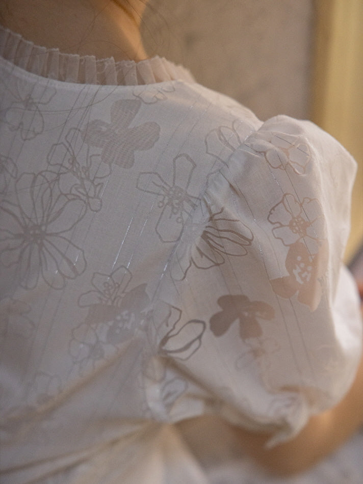 Close-up view of the puff sleeve of a white cotton dress, showcasing intricate floral embroidery with a subtle sheen, capturing the delicate and vintage-inspired detailing.
