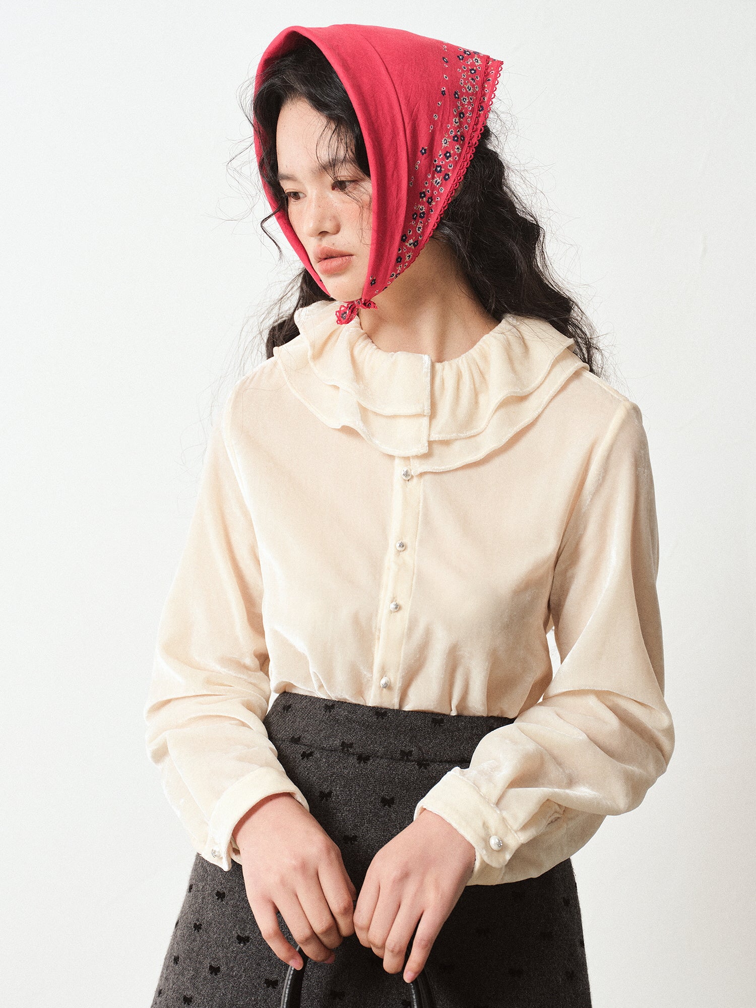 Vintage Velvet Blouse with Frilled Floral Collar