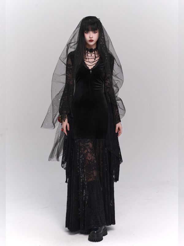 Black Velvet Lace Bell Sleeve Gothic Dress