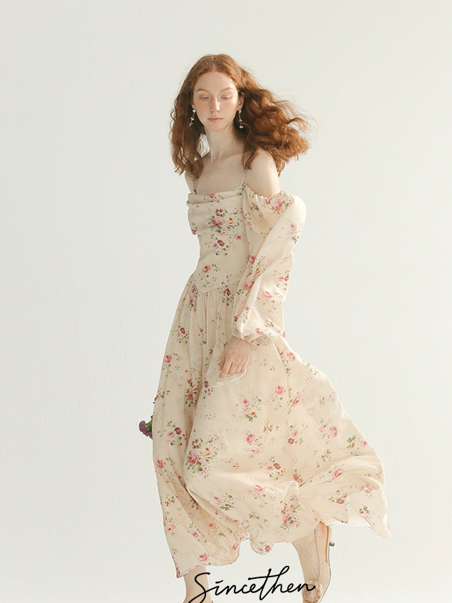 Vintage Rose Garden Off-Shoulder Dress